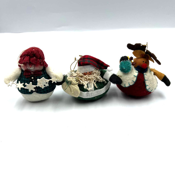 Primitive Round Plush Santa Claus Snowman Reindeer Christmas Ornaments Lot 3 - Picture 1 of 8